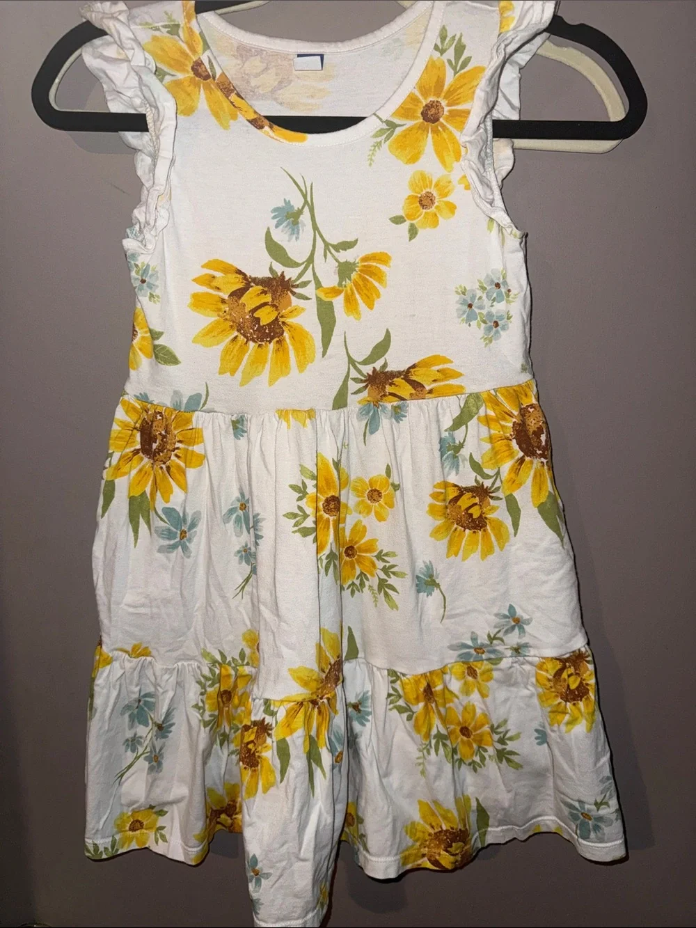 Girls' Sunflower Print Ruffle-Sleeve Cotton Dress - White & Yellow